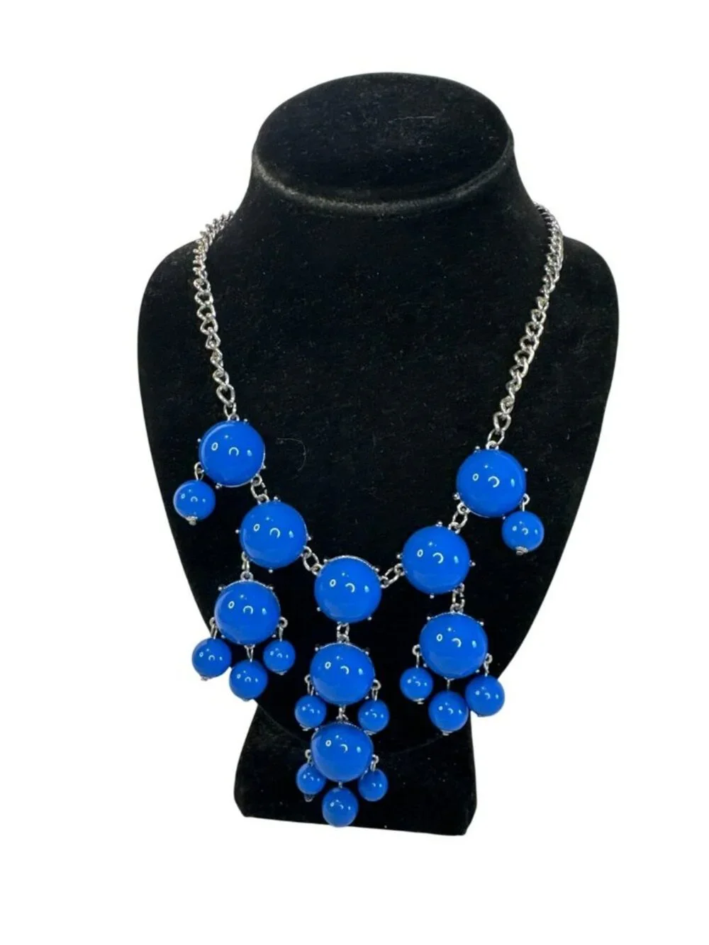 Bubble Statement Necklace Bib Blue Beads & Silver Chain 20